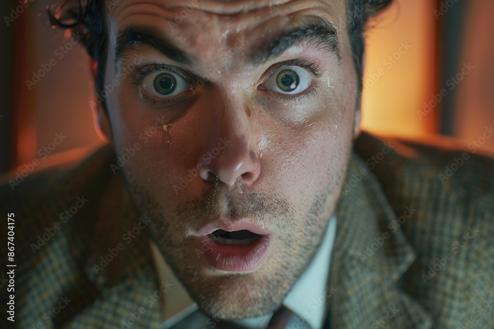 A person with a shocked or astonished facial expression A person with a shocked or astonished facial expression