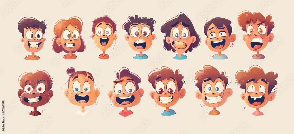  Cartoon Characters: Diverse Emotions and Facial Expressions, Great for Social Media Campaigns or Educational Materials