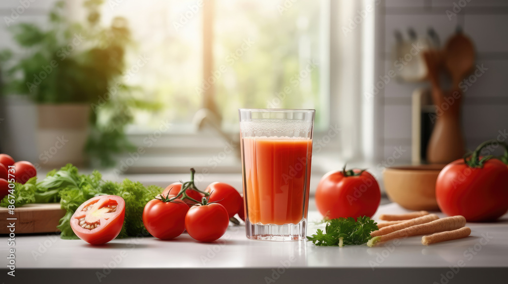 A glass of tomato juice with vegetables in a modern kitchen. Healthy vegetarian diet., generative ai A glass of tomato juice with vegetables in a modern kitchen. Healthy vegetarian diet., generative ai