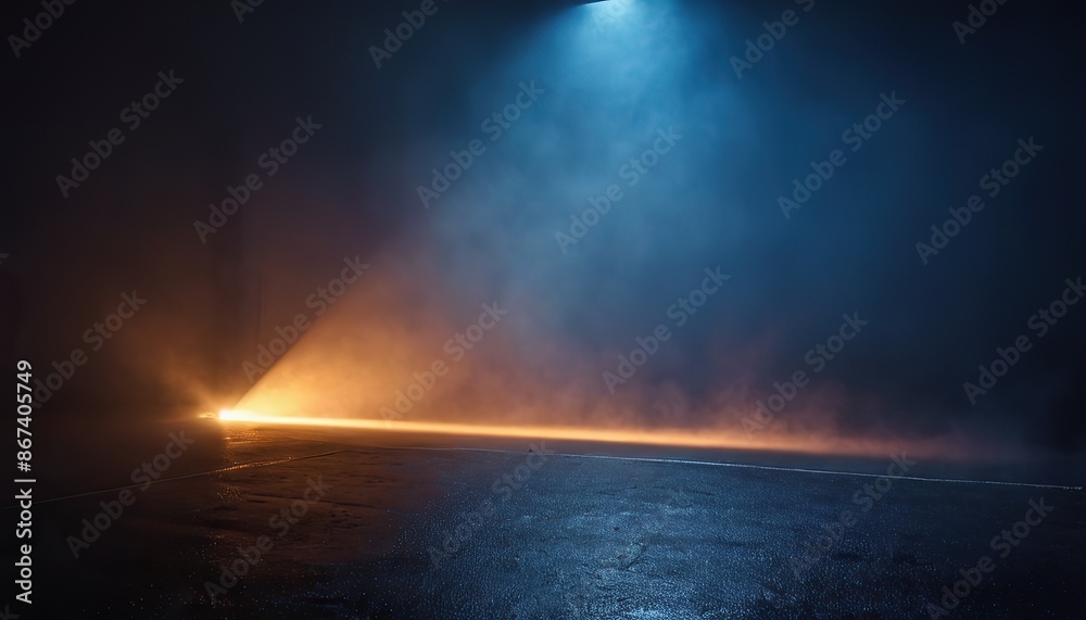 A low-angle shot of four spotlights illuminating a room filled with smoke, creating a mysterious and atmospheric scene A low-angle shot of four spotlights illuminating a room filled with smoke, creating a mysterious and atmospheric scene