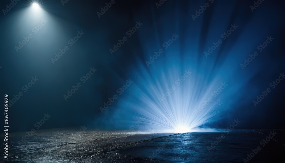 A low-angle shot of four spotlights illuminating a room filled with smoke, creating a mysterious and atmospheric scene A low-angle shot of four spotlights illuminating a room filled with smoke, creating a mysterious and atmospheric scene