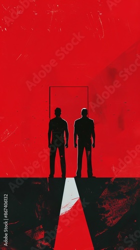 This image depicts the silhouettes of two men standing before a red background, highlighted by a white light path, evoking a sense of mystery. photo