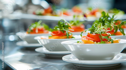 Des assiettes blanches garnies de légumes frais, principalement de la roquette et des tomates, disposées en ligne sur une table en inox. photo