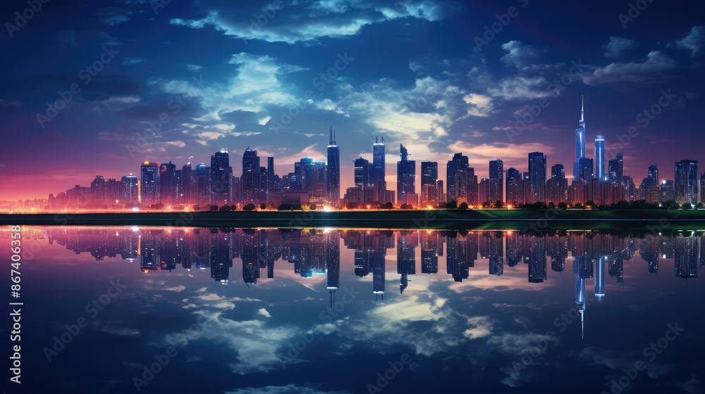 Gorgeous Night view of city skyline with picturesque reflections and sky. Night city lights. Urban cityscape skyline night scene., generative ai Gorgeous Night view of city skyline with picturesque reflections and sky. Night city lights. Urban cityscape skyline night scene., generative ai