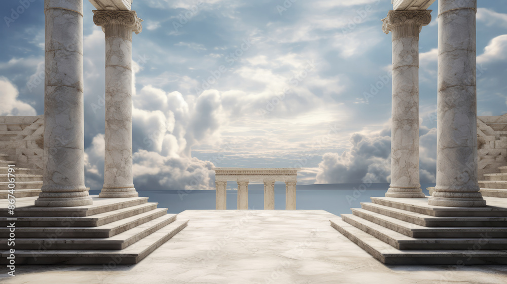 Fototapeta premium Cloudy Sky Accented by Elegant Ancient White Marble Pillars and Steps., generative ai