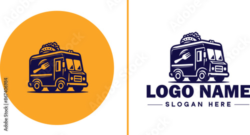 Food truck icon Mobile kitchen Food van Street food vendor flat logo sign symbol editable vector