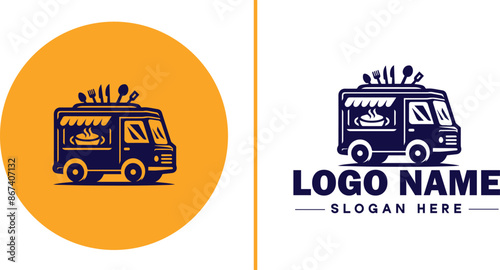 Food truck icon Mobile kitchen Food van Street food vendor flat logo sign symbol editable vector