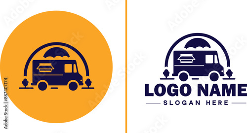 Food truck icon Mobile kitchen Food van Street food vendor flat logo sign symbol editable vector