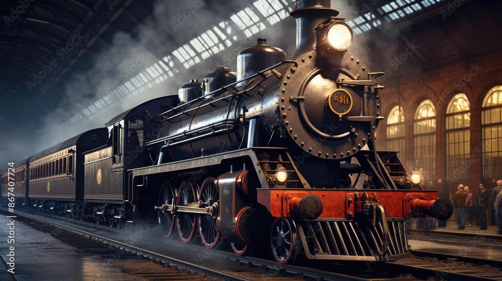 Obraz premium Vintage steam locomotive at the station. Steam Power Arriving at a Historic Train Station., generative ai