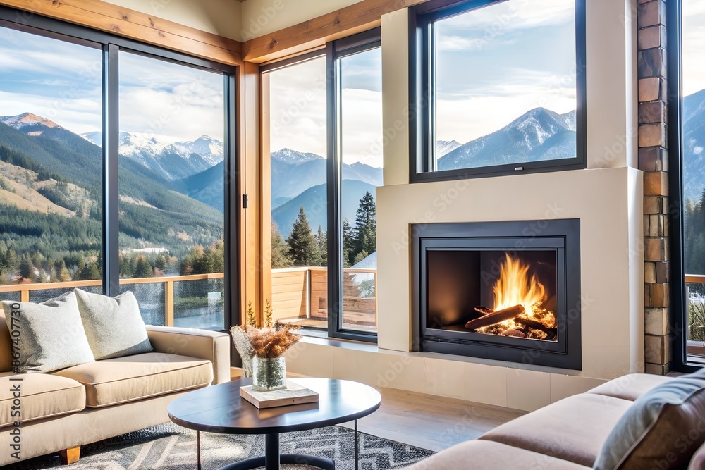 the interior of the living room, in which the fire crackles in the fireplace, has a wide, full-length window, behind which you can see a beautiful view of the mountains the interior of the living room, in which the fire crackles in the fireplace, has a wide, full-length window, behind which you can see a beautiful view of the mountains