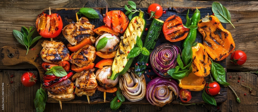 Fototapeta premium Overhead view of vegetables and chicken grilled on a wooden surface