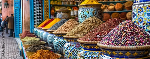 A vibrant street market in Marrakech, filled with exotic spices, handcrafted goods, and the bustling energy of local vendors, offering a glimpse into Moroccan culture.