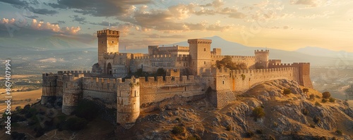 A majestic castle perched on a hilltop, its stone walls weathered by time and its history etched in its stones.