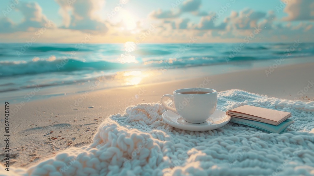 On the sandy beach there is a large white rug with a cup of tea and books On the sandy beach there is a large white rug with a cup of tea and books