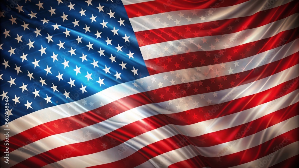 Obraz premium Vibrant stylized American national flag abstract geometric vector banner in red, white, and blue, symbolizing freedom and patriotism.