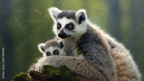 A young ring-tailed lemur rides on Mom鈥檚 back. animal wildlife,, generative ai