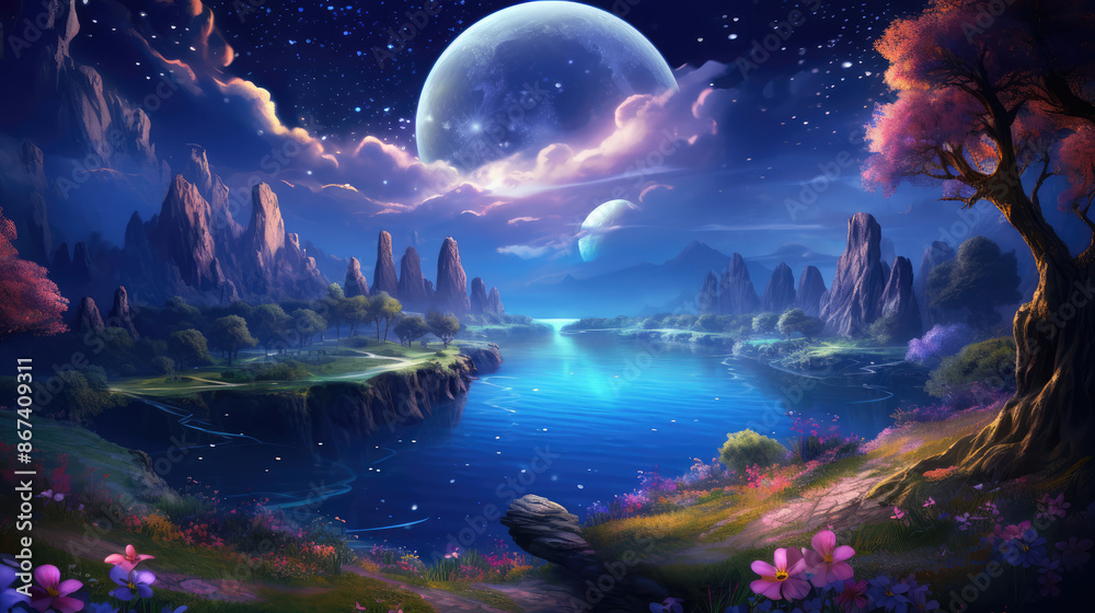 Fantasy wallpaper with fairy tale lake, magical flowers against the backdrop of a starry sky and a huge moon. Magic light. digital art,, generative ai Fantasy wallpaper with fairy tale lake, magical flowers against the backdrop of a starry sky and a huge moon. Magic light. digital art,, generative ai