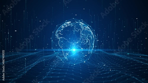 Wallpaper Mural Abstract Digital Globe Technology world internet access Network connection innovation Location, Virtual planet Earth particles lines. big data. matrix cyber big data analytic artificial intelligent Torontodigital.ca