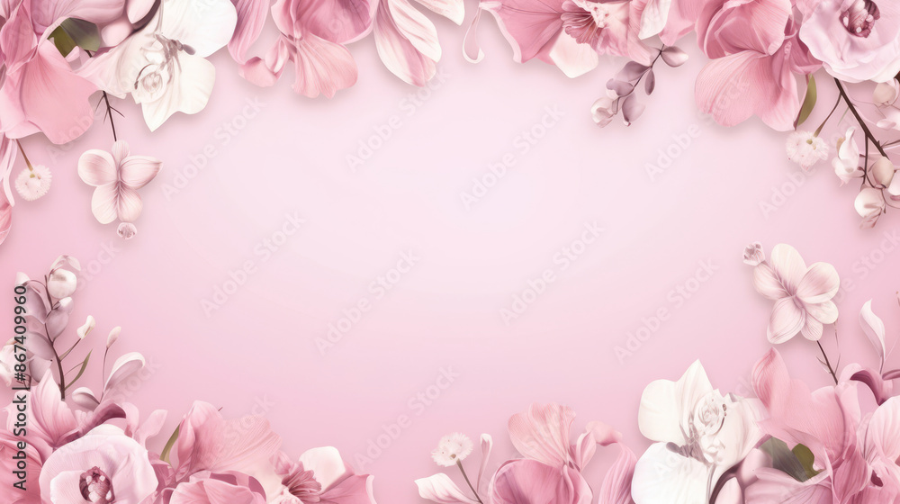 Floral frame or border with orchid flowers on a pastel pink background. seamless background. Template for blog, postcard or invitation., generative ai Floral frame or border with orchid flowers on a pastel pink background. seamless background. Template for blog, postcard or invitation., generative ai