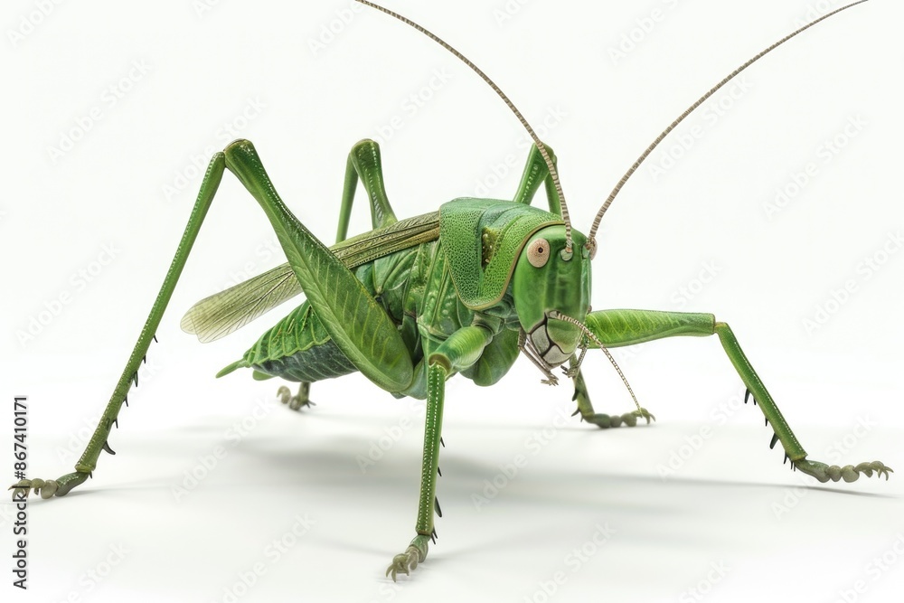 A large green grasshopper sitting on a white surface A large green grasshopper sitting on a white surface