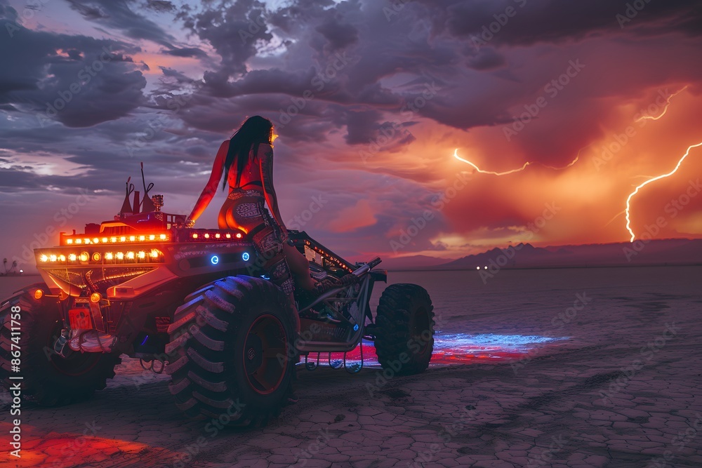 Fototapeta premium A monster truck with a lightning bolt in the background