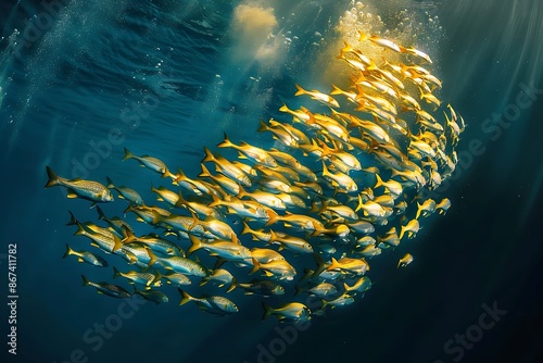 A school of fish swimming in unison, creating dynamic shapes in the ocean