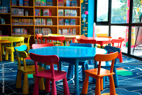 A colorful classroom with a blue table and chairs.