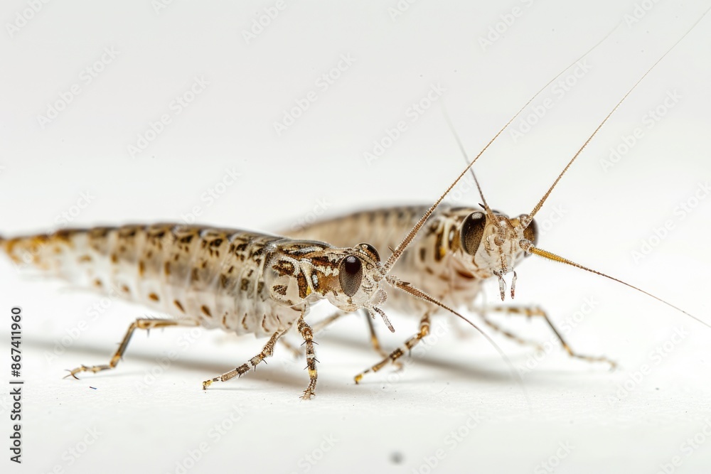 A close-up shot of two bugs sitting together on a white background A close-up shot of two bugs sitting together on a white background