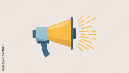 A stylized illustration of a megaphone. The megaphone is predominantly yellow with a blue handle. It emits rays or lines emanating from its side, suggesting it's in use or making an announcement.