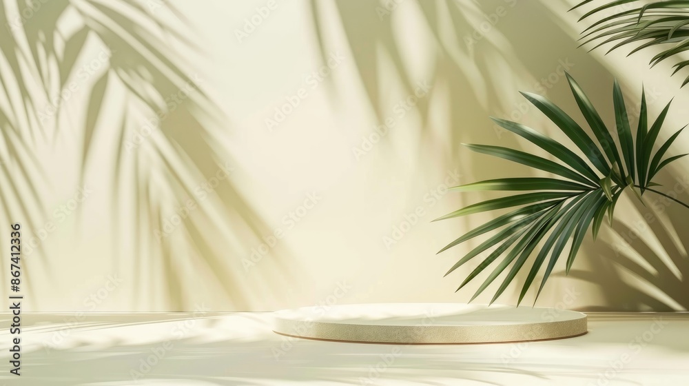 Green background with palm leaf shadow for cosmetic product presentation on beige geometric backdrop Product podium for beauty and natural eco cosmetics