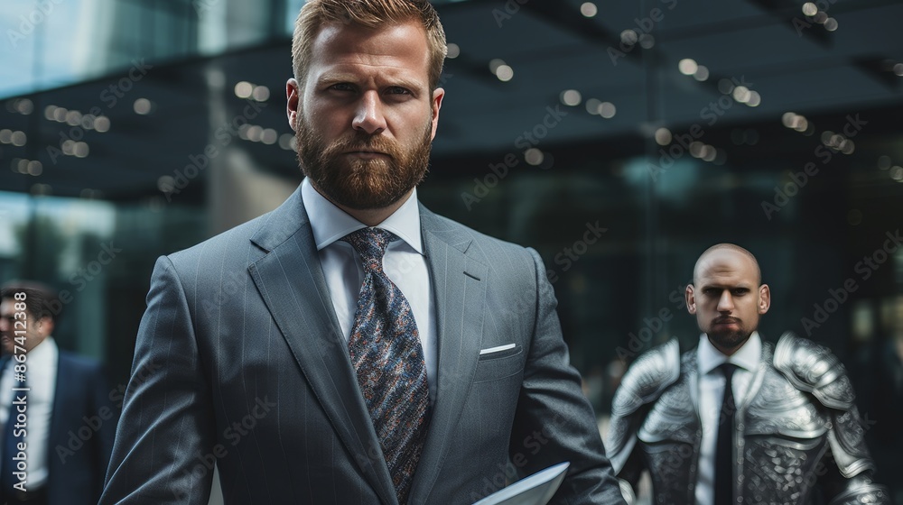 Modern knights in business suits duel with strategic solutions in career challenges Modern knights in business suits duel with strategic solutions in career challenges
