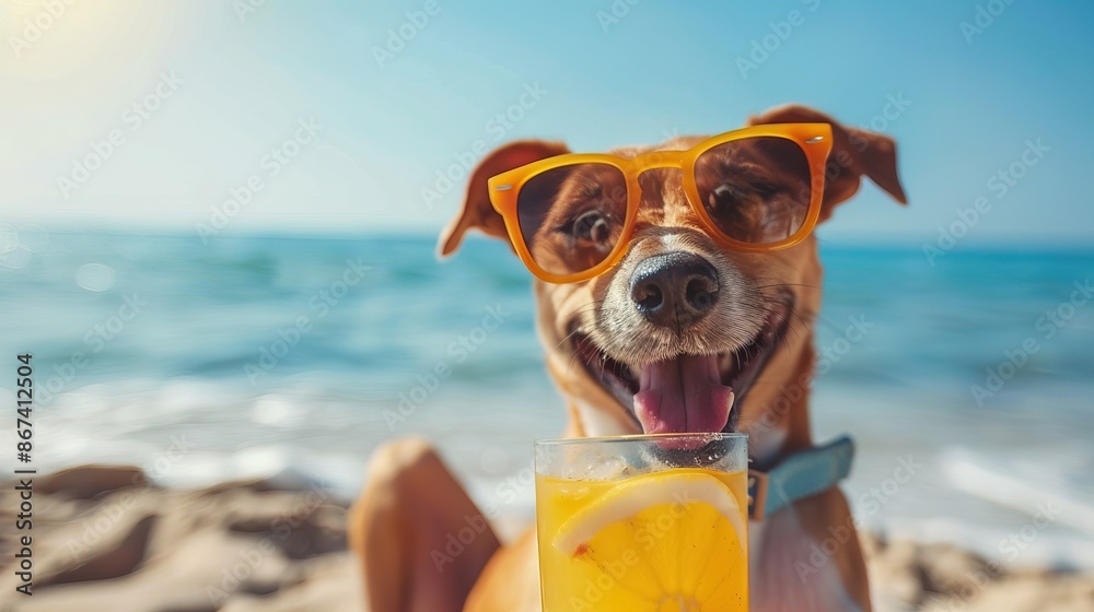 Dog is on summer vacation at seaside resort and relaxing on summer beach, holding drink