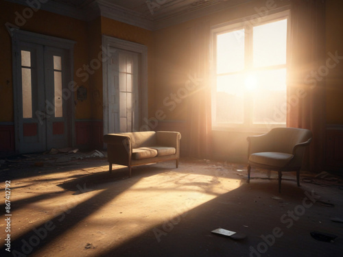 Photo-Realistic View of an Abandoned Room with Randomly Scattered Furniture and Disturbing Sunlight.