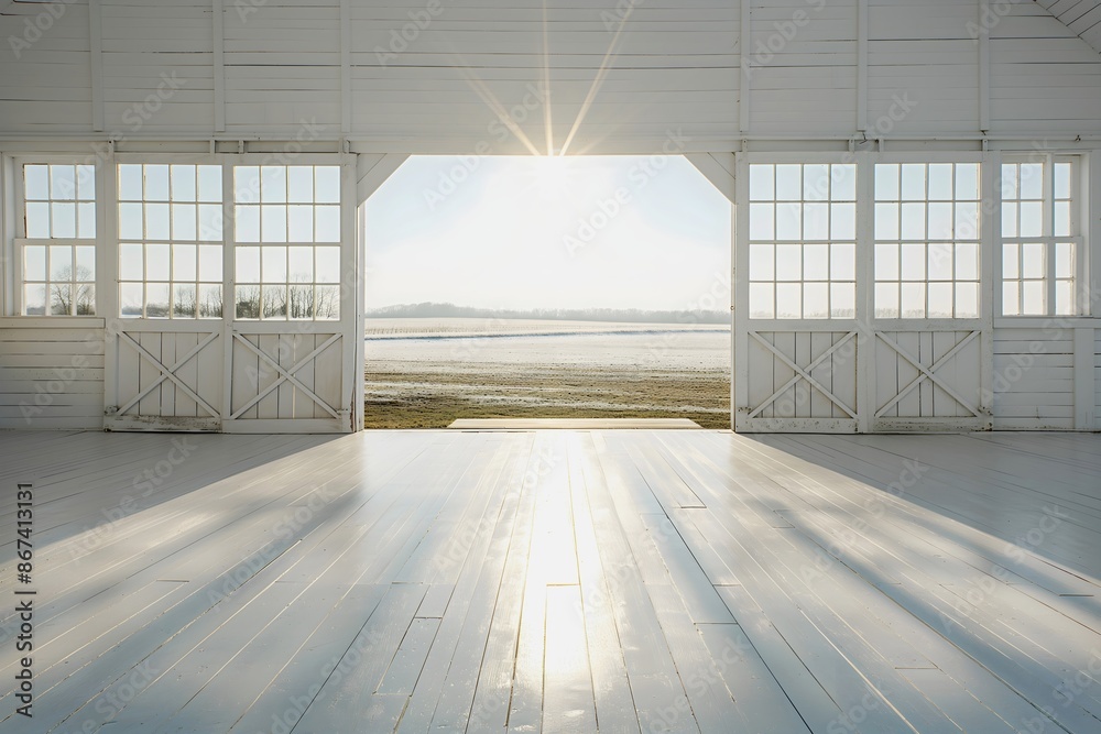 Backdrop of a large open white barn door with the sun shining through, an empty field in view. Old wooden building, with weathered wood planks Backdrop of a large open white barn door with the sun shining through, an empty field in view. Old wooden building, with weathered wood planks
