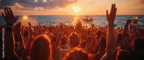 Large Crowd Enjoying Sunset Music Festival on Beach