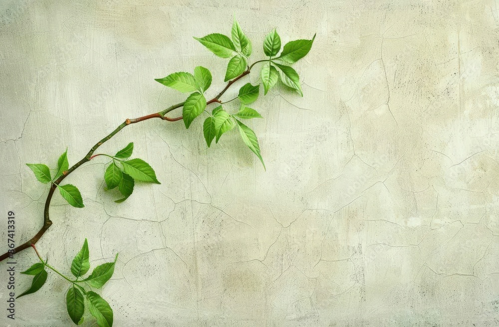 Vibrant Nature Motif: Lush Green Leaf Stem Against Textured Wallpaper, Perfect for Greeting Cards or Encouragement Posters Vibrant Nature Motif: Lush Green Leaf Stem Against Textured Wallpaper, Perfect for Greeting Cards or Encouragement Posters