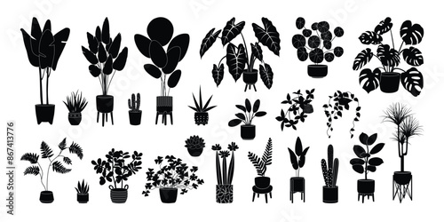 Potted plants silhouette icon set. Black color indoor houseplants in flowerpots. Botanical floral elements in pots for home decor. Flat monochrome vector illustration isolated on white background.