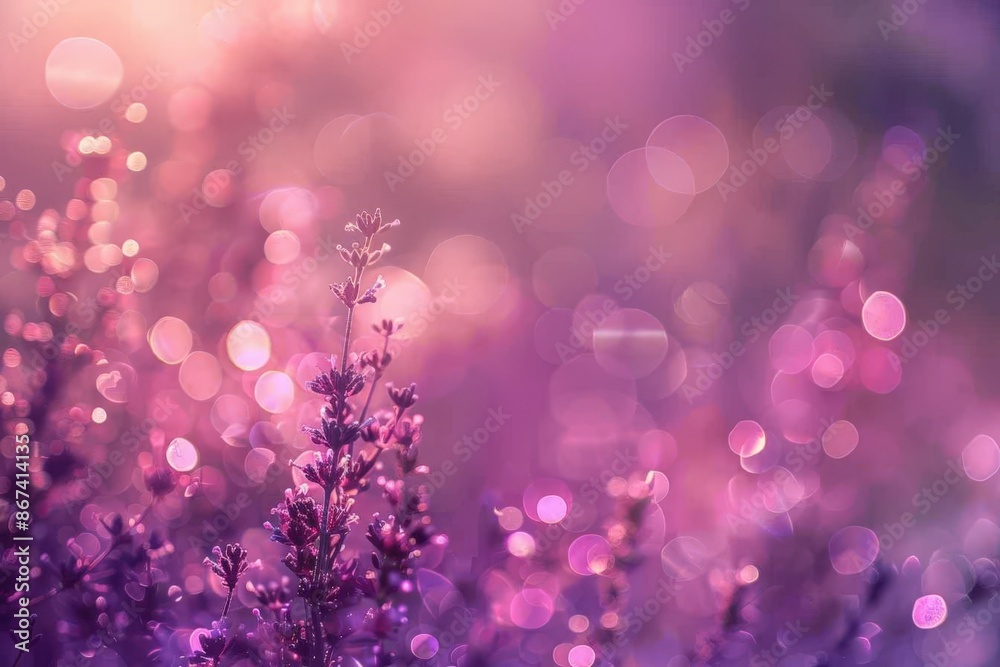 Serene Lavender Field at Dusk with Soft Pink Blur Serene Lavender Field at Dusk with Soft Pink Blur