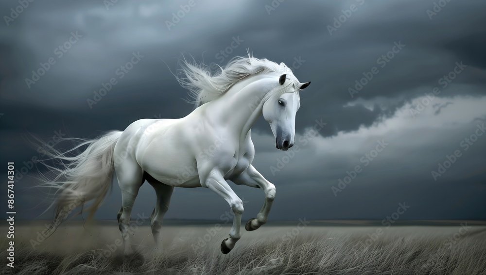 A white horse with a flowing mane galloping across the vast grassland, in the mist. Moody landscape. A white horse with a flowing mane galloping across the vast grassland, in the mist. Moody landscape.