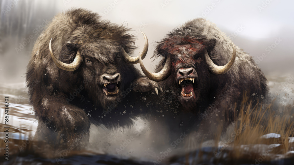 Naklejka premium Close up of Musk Oxen fighting. alaska wildlife, digital art, generative ai