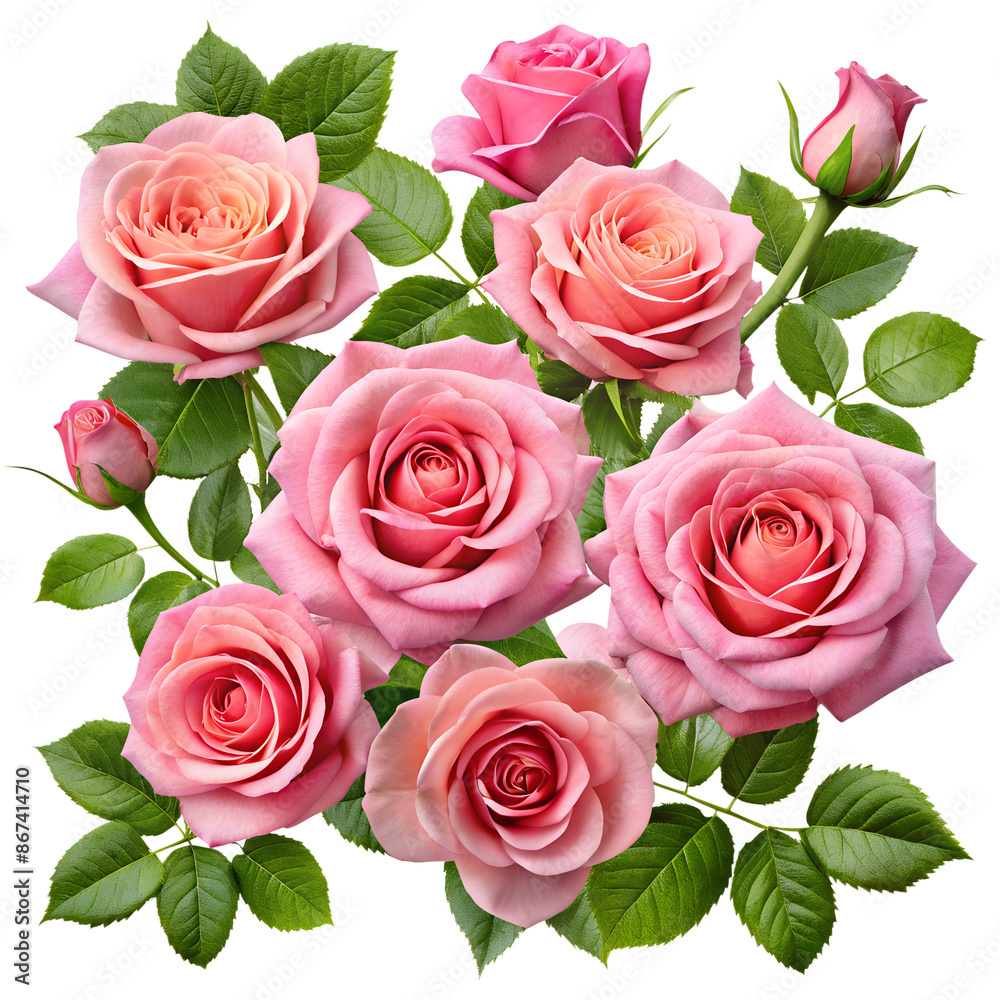 Set of beautiful pink roses with lush green leaves, cut out Set of beautiful pink roses with lush green leaves, cut out
