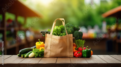 Eco friendly reusable shopping bag filled with vegetables on a wooden table against the background of a supermarket, generative ai