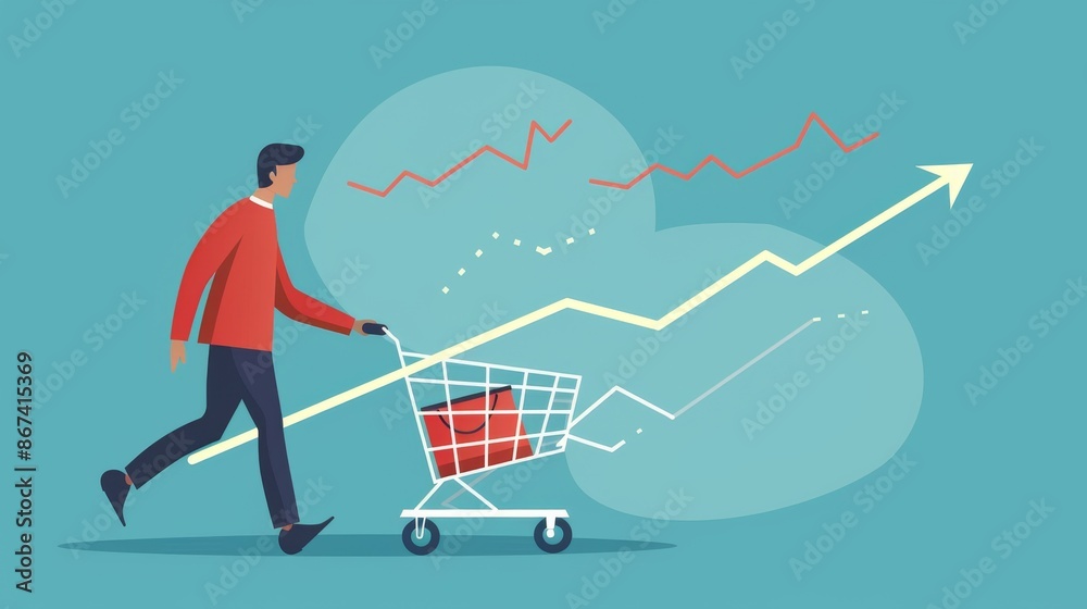 Man pushing shopping cart up graph arrow Man pushing shopping cart up graph arrow
