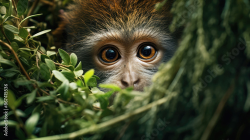 A cute monkey lives in a natural forest. Monkey face close up, generative ai
