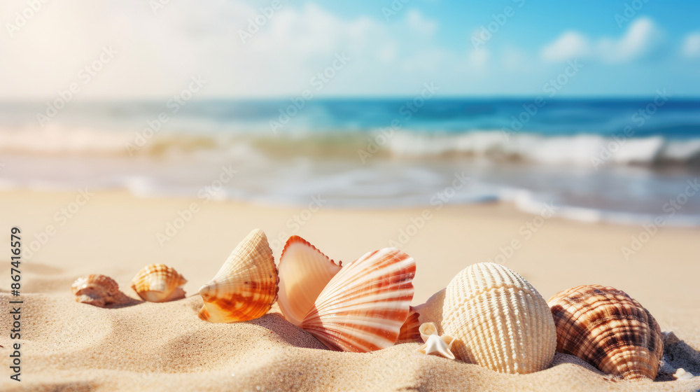 Tropical sandy beach with shells. tropical background. Beach sand macro with narrow focus background. travel and vacation concept, generative ai Tropical sandy beach with shells. tropical background. Beach sand macro with narrow focus background. travel and vacation concept, generative ai