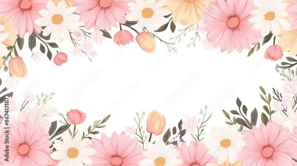 Fototapeta premium frame with flowers. Daisies frame or border, seamless background. Floral holiday background for wedding invitations, greeting cards, banners. Place for text, generative ai