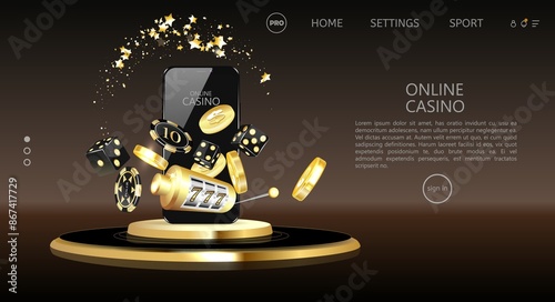 Online casino, welcome bonus, black banner with offer, podium with smartphone, casino slot machine, Casino Roulette, cards and poker chips in dark scene with gold neon triangles around