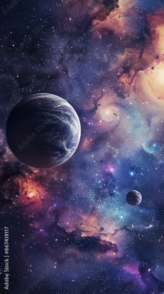 Obraz premium A mesmerizing view of a deep space scene featuring planets and nebulae. The image showcases vibrant colors and a sense of movement, capturing the beauty and wonder of the universe
