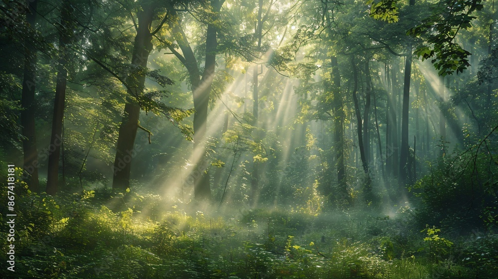 A dense forest bathed in ethereal morning light, with mist rising gently from the ground and rays of sunlight piercing through the tree canopy A dense forest bathed in ethereal morning light, with mist rising gently from the ground and rays of sunlight piercing through the tree canopy