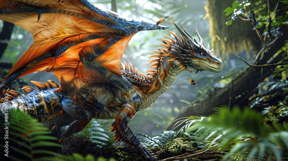 A fierce dragon emerging from a dense forest, its scales reflecting vibrant colors, wings unfurled and ready to take flight A fierce dragon emerging from a dense forest, its scales reflecting vibrant colors, wings unfurled and ready to take flight